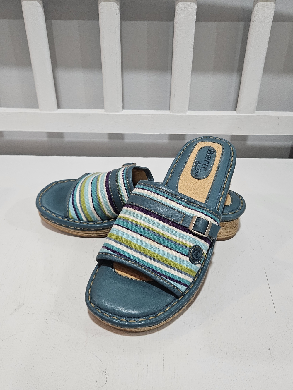 Born Handcrafted Women's Fiesta Slides Sandals Blue Slip Ons Size US 9/EU 40.5